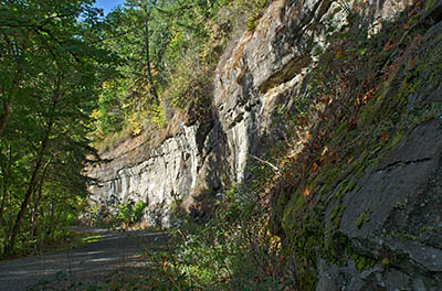 OR: Douglas County, Coast Range, Smith River Area, Lower Smith River, Smith River Road runs beneath cliffs in a road cut. [Ask for #276.034.]